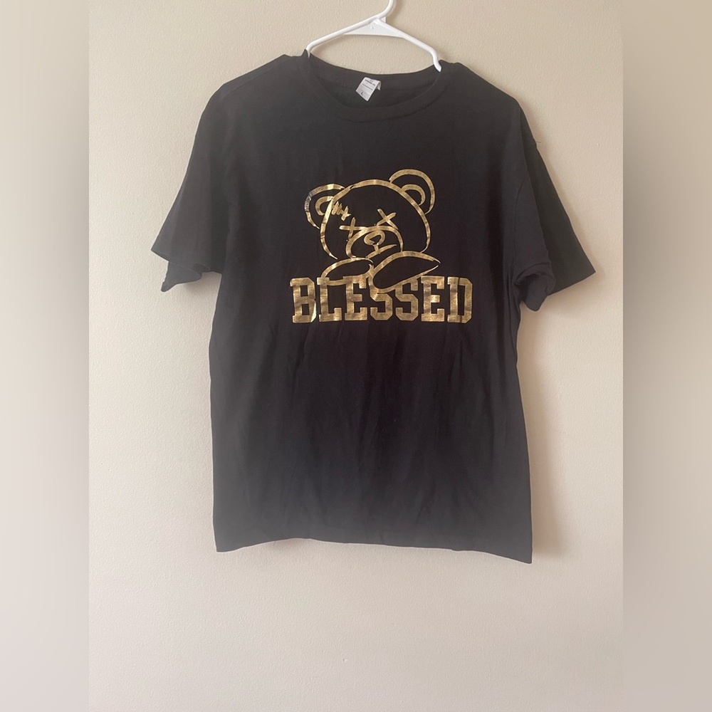 Black T-Shirt with Gold Bear Print